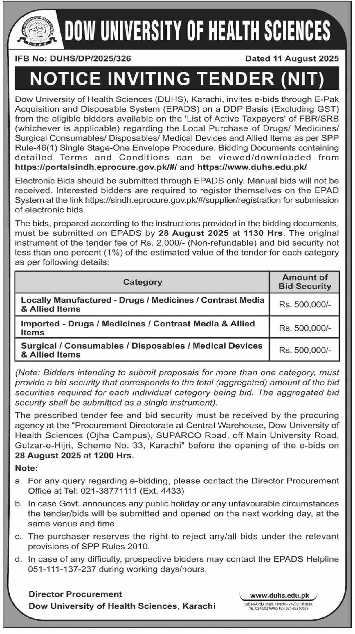 Dow University of Health Sciences Karachi Tender Notice